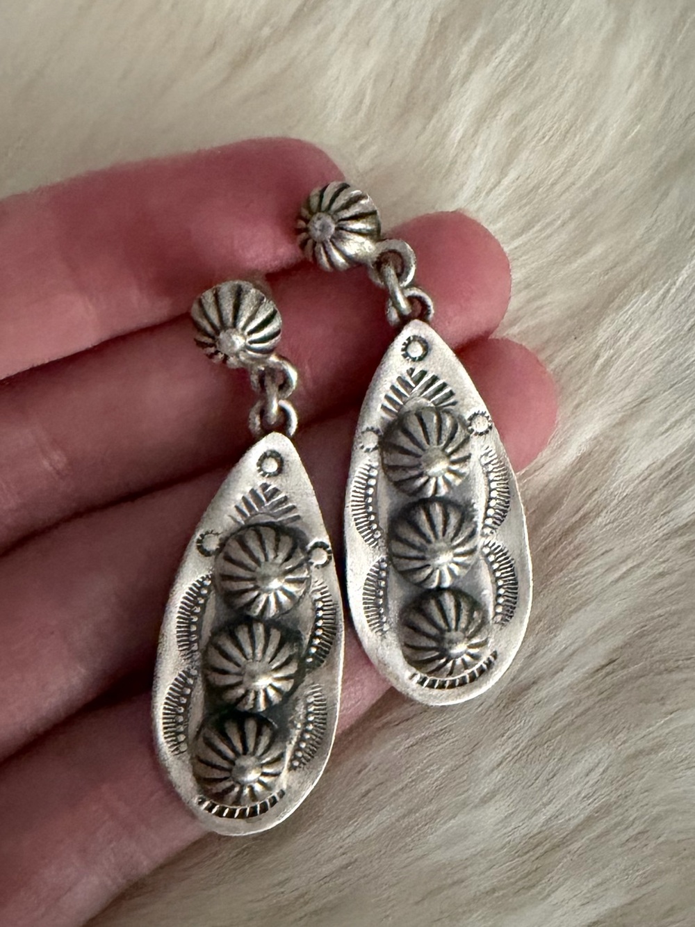 Striking Vintage Navajo Sterling Silver Concho Stamped Dangle Earrings